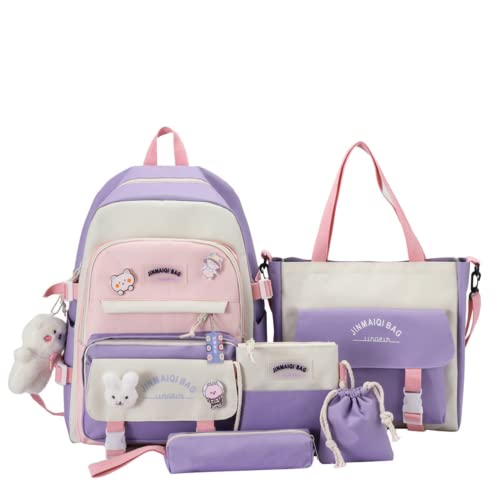 oxhywcu Kawaii Backpack Set 5pcs Aesthetic Backpack for School Teens Girls Multiple pockets Daypack Large with Pendants and Pins