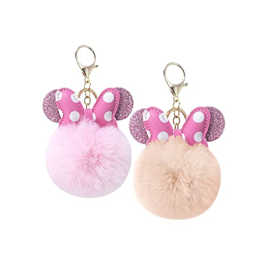 Sunwel Fashion Cute Pom Pom Ball Keychain- Mouse Ears & Polka-dot Bow Fluffy 2 Pack Fur Ball Keyring Charm for Handbag Backpack