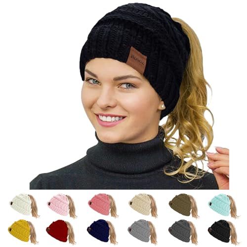 Rosoz 1&2 Packs Ponytail Beanie for Women,Winter Warm Beanie Tail Soft Stretch Cable Knit Messy High Bun Hat