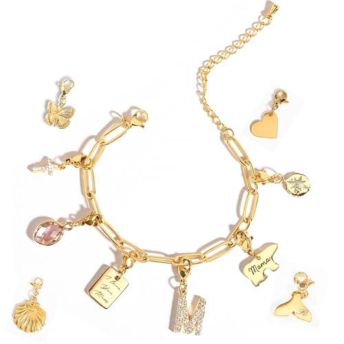 Personalized Engraved Gold Charm Bracelet for Mom, Christmas Gifts for Women, Personalized Gift for Grandma, Unique Birthdays Teen Girls, Anniversaries, Handmade Jewelry for Her - P-CHARM-MIX-BR