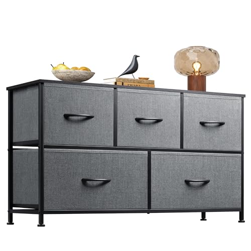 WLIVE Dresser for Bedroom with 5 Drawers, Wide Chest of Drawers, Fabric Dresser, Storage Organizer Unit with Fabric Bins for Closet, Living Room, Hallway, Dark Grey