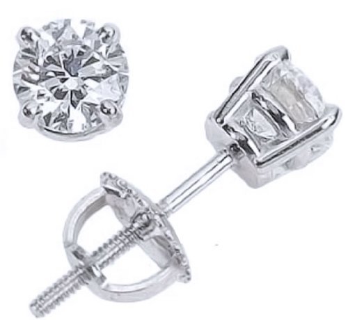 Houston Diamond District 1 Carat Solitaire Diamond Stud Earrings Platinum Round Brilliant Shape 4 Prong Screw Back (J-K Color, VS2-SI1 Clarity)