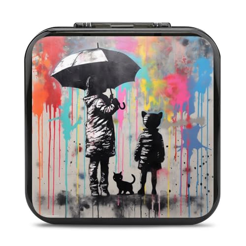 XBubupX Grey Cat And Girl with Umbrella Game Card Case Holder for Switch/Switch Lite, Colourful Rain Street Art Graffiti 24 SD Cards Compact Storage Box