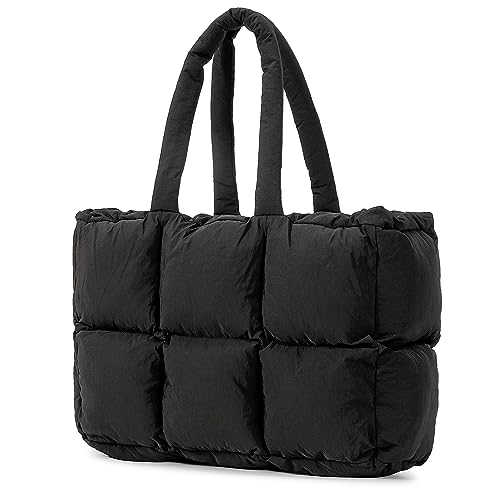 Herald Puffer Tote Bag for Women, Large Quilted Puffy Handbag Lightweight Winter Down Padding Lattice Satchel Purse (Black)