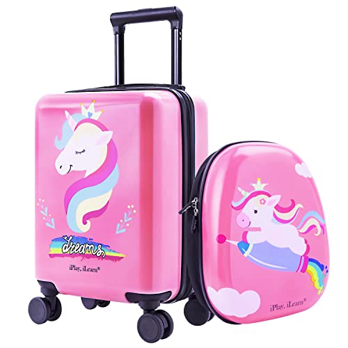 iPlay, iLearn Unicorn Kids Luggage, Girls Carry on Suitcase W/ 4 Spinner Wheels, Pink Travel Luggage Set W/Backpack, Trolley Luggage for Children Toddlers