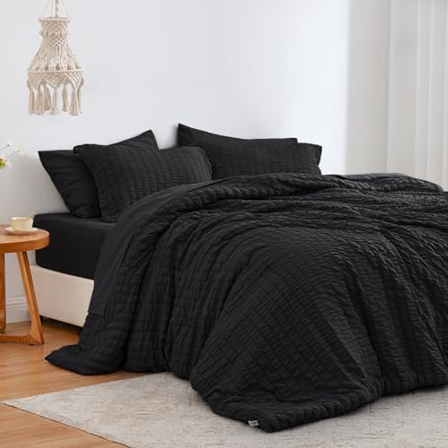 Love's cabin Seersucker Black Queen Comforter Set 7 Pieces, All Season Lightweight Bedding Set, Queen Bed in a Bag Comforter Set with Comforter, Flat Sheet, Fitted Sheet, Pillowcase and Pillow Sham