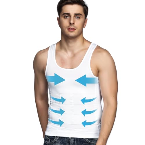 Odoland Men's Body Shaper Slimming Shirt Tummy Vest Thermal Compression Base Layer Slim Muscle Tank Top Shapewear, White, L