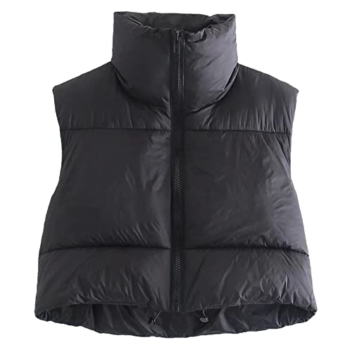 KEOMUD Women's Winter Crop Vest Lightweight Sleeveless Warm Outerwear Puffer Vest Padded Gilet Black Medium