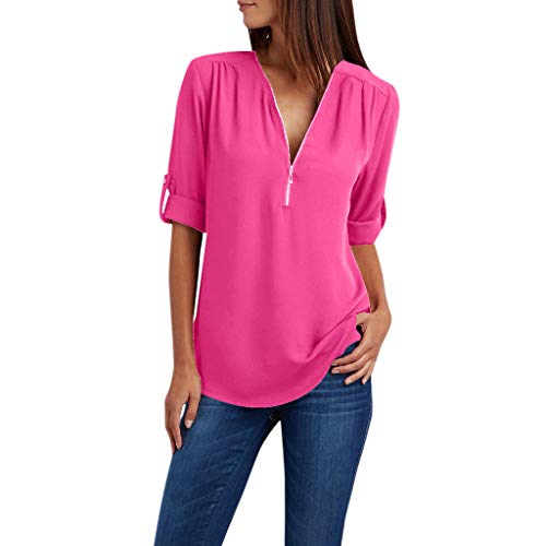 Generic Red Tops for Women, Today On Clearance Prime Your Order,Summer Tops for Women 2024 Plus Size Short Sleeve Chiffon Half Zip Up Tunic Shirts Loose Fit Tees Trendy Blouses,B-Hot Pink,4X-Large