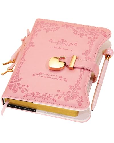 Hoci Poci Diary with Lock and Keys for Girls Gift Ideas, 360 Gold Edged Pages Journal for Women, B6 Refillable Notebook for Writing with Pen and Bookmark (Garden Pink)