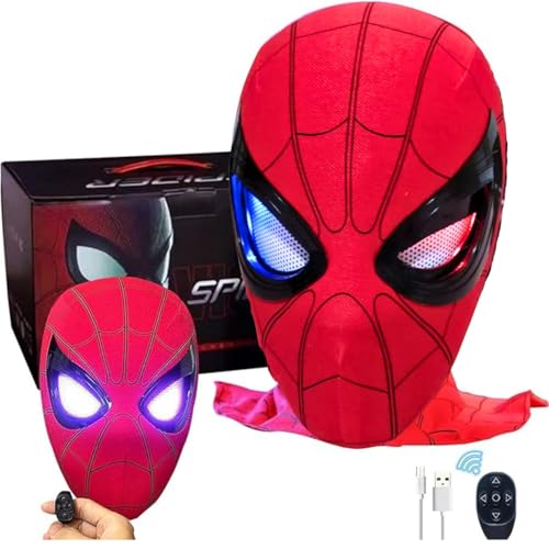 Jefuzh SpiderHero Mask Moving Eyes, Spiderman Mile Morales Hero Mask, Remote Control Full Face Adult/Kids Cosplay Gift (red)