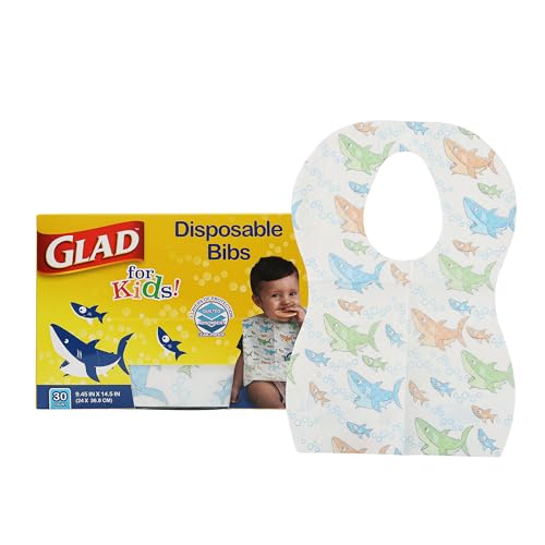 Glad for Kids Sharks Paper Bibs, 30 Count - Disposable Paper Bibs with Cute Sharks Design for Kids - Travel Bibs for Kids - Art & Craft Disposable Kids Bibs