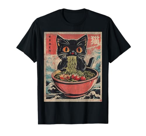 Cat Ramen Japanese Funny Graphic Tees Kawaii Cat Anime Gifts T-Shirt