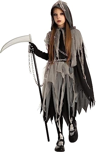 Spooktacular Creations Girl Grim Reaper Costume with Gloves and Tights Glow in the Dark, Scary Halloween Costume for Dress Up Party-L(10-12yr)