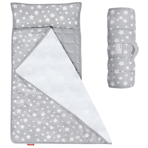 Moonsea Toddler Nap Mat with Pillow and Fleece Minky Blanket, Lightweight, Soft Perfect for Kids Preschool, Daycare, Travel Sleeping Bag Boys and Girls, 21' x 50' Fit Standard Cot