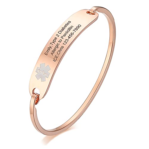 VNOX Free Custom Engraving-Stainless Steel Medical Alert ID Bangle Bracelet,Rose Gold Plated,5.7-6.9 Inch