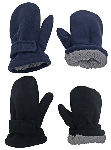 N'Ice Caps Baby Toddler Mittens Kids 2 Pairs Fleece Gloves Winter Warm Sherpa Lined Pack (Black/Navy Pack, 2-3 Years)