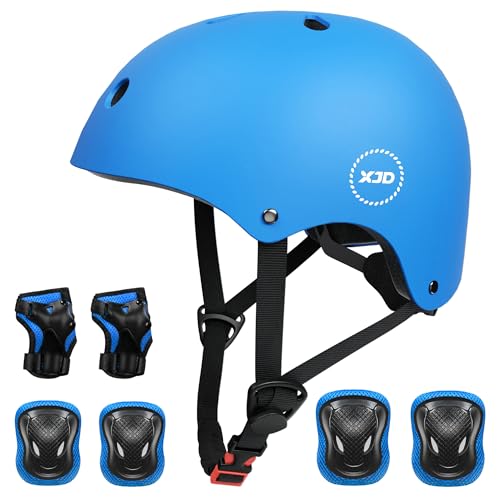 XJD Kids Bike Helmet,Multi-Sport Protective Gear Set for 3-5-8-14 Years Boys Girls with Knee and Elbow Pads Wrist Guards fit Roller Skates,Cycling,Skateboarding,Skating Scooter (Blue, Small)