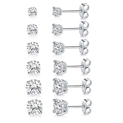 18K White Gold Plated 4 Pong Round Clear Cubic Zirconia Stud Earring Pack of 6 Pairs (6 Pairs)