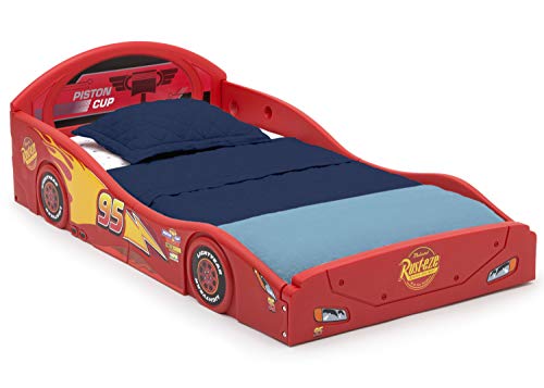 Delta Children Disney Pixar Cars Lightning McQueen Race Car Sleep and Play Toddler Bed with Attached Guardrails