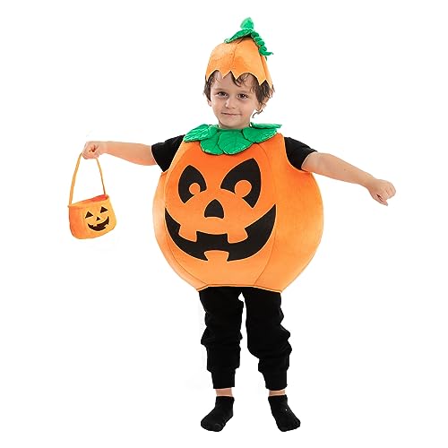 Spooktacular Creations Halloween Kids Pumpkin Costume with Toy Pumpkin Basket for Child Toddler Unisex Halloween Dress Up, Pumpkin Themed Party (3T (3-4 yrs))