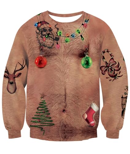 Idgreatim Mens Male Novetly Chest Hair Print Long Sleeve Pullover Ugly Christmas Sweatshirt Sweater XL