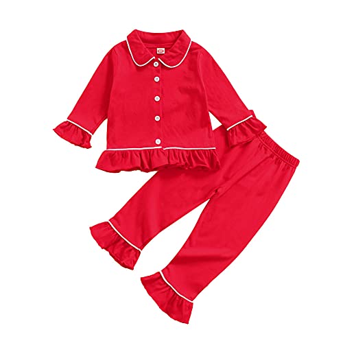 Ayalinggo Toddler Kids Baby Girl Solid Pjs Ruffle Long Sleeve Button Shirt Top and Pants Cotton 2Piece Pajamas Set (Red, 5-6X)