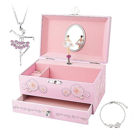 RR ROUND RICH DESIGN Kids Musical Jewelry Box for Girls with Drawer and Jewelry Set with Ballerina Theme - Swan Lake Tune Pink