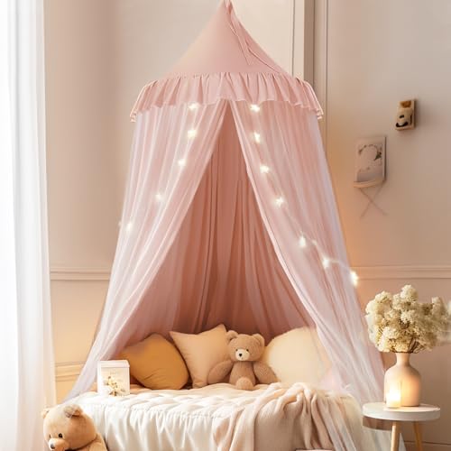 little dove Bed Canopy with Star Lights, Double Layer Canopy for Bed, Princess Play Tent for Girls Room, Breathable Canopy Bed Curtain for Children Reading Nook, Machine Washable Canopy, 25.6''x106''