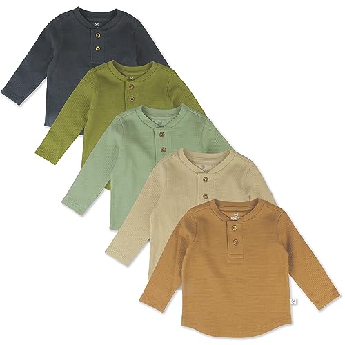 HonestBaby 5-Pack Waffle Henley Long Sleeve Shirts 100% Organic Cotton for Infant Baby and Toddler Boys, Unisex , Castle Creek, 2T