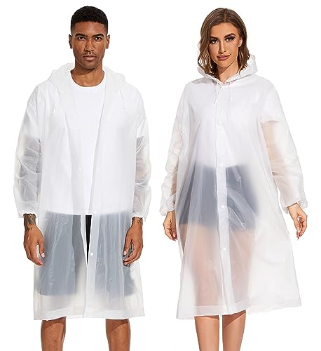 2-Pack Reusable Rain Ponchos for Adults - Hooded Raincoats for Women/Men with Drawstring (White)