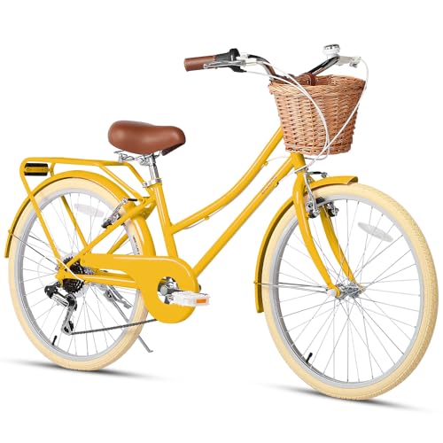 Glerc Missy 20' 24' 26' inch Girl Cruiser 6-Speed Hybrid City Bicycle for Youth Over 6 Years Old with Wicker Basket & Lightweight, Multiple Colors