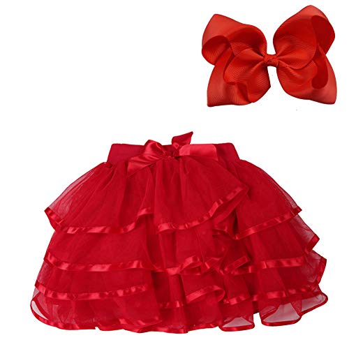 BGFKS 4 Layered Tulle Tutu Skirt for Girls with Matching Hairbow,Girl Ballet Tutu Skirt (Red, 3-4 Years)