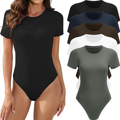 MLYENX 5 Pack Body Suits for Womens Short Sleeve Round Neck Casual Stretchy Basic T Shirt Bodysuit Tops