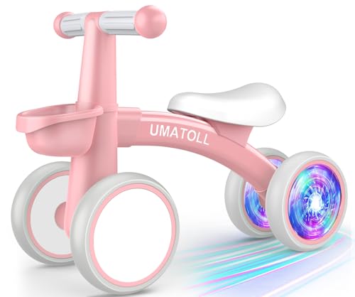 Umatoll Colorful Lighting Baby Balance Bike for 1-2 Year Old Girls, Adjustable Soft Seat & Removable Basket, 12-24 Months Toddler Balance Bike, First Birthday Gift