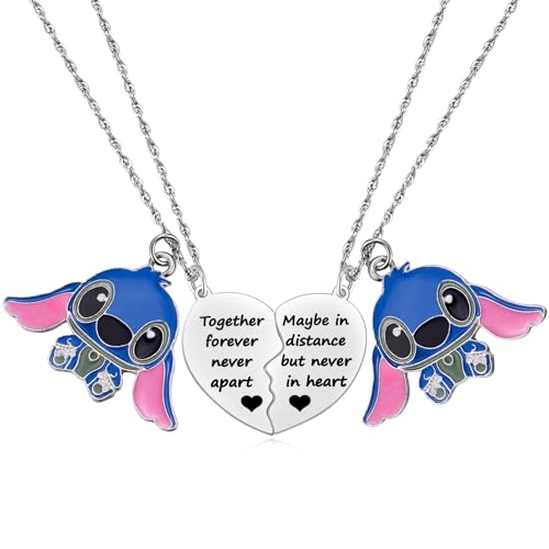 Aesnefe Friendship Stitch Necklaces Gifts for 2 Matching Heart Best Friends Forever Pendant Necklace Set of 2 Gifts for Her Valentines Birthday Lilo and Stitch Stuff Jewelry