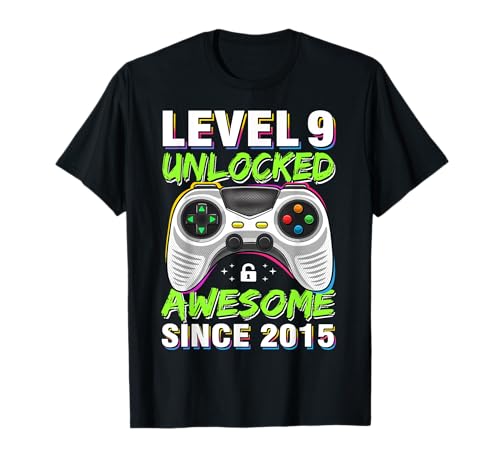 Level 9 Unlocked Awesome Since 2015 9th Birthday Gaming Boys T-Shirt