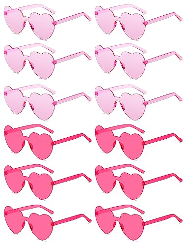 Colrea 12 Pairs Heart Sunglasses for Women Men, Trendy Heart Shaped Rimless Transparent Sunglasses, Colorful Frameeless Heart Glasses, Bachelorette Party Favors