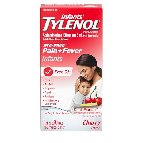 Tylenol Infants Oral Suspension Liquid Medicine with Acetaminophen, Baby Fever Reducer & Pain Reliever for Minor Aches & Pains, Sore Throat, Headache & Teething Pain, Dye-Free Cherry, 1 fl. oz