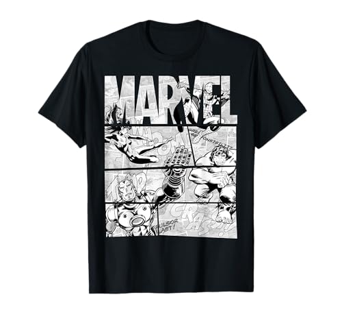 Marvel Avengers Retro Black and White Comic Graphic Short Sleeve T-Shirt