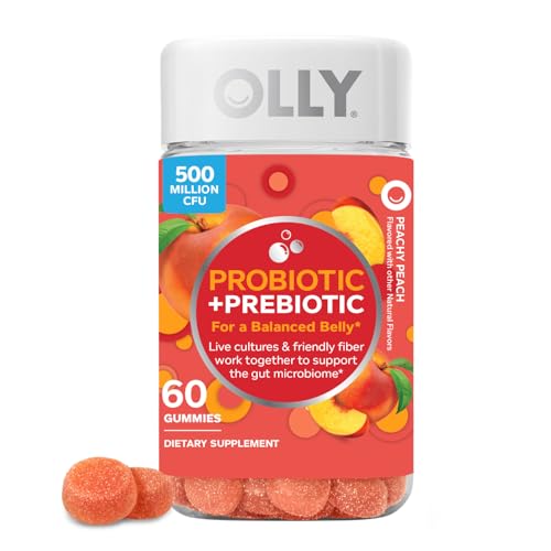 OLLY Probiotic + Prebiotic Gummy, Digestive Support and Gut Health, 500 Million CFUs, Fiber, Adult Chewable Supplement for Men and Women, Peach, 60 Day Supply - 60 Count