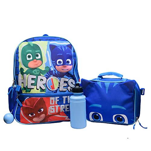 PJ MASKS Girls & Boys Pre-School 4 Piece Backpack Set; Catboy, Gekko,& Owlette Kids 16' l School Bag w/Front Zip Pocket, Blue