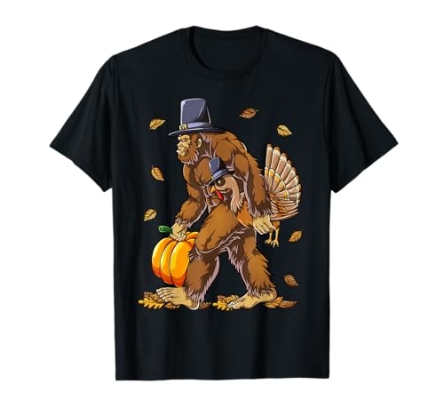 Bigfoot Pilgrim Turkey Pumpkin Thanksgiving Day Boys Men T-Shirt