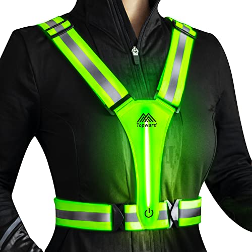 Topward LED Reflective Vest Safety Gear, Light Up Vest for Night Walking Cycling, High Visibility Running Vest with Reflective Strips, USB Rechargeable with Adjustable Waist/Shoulder