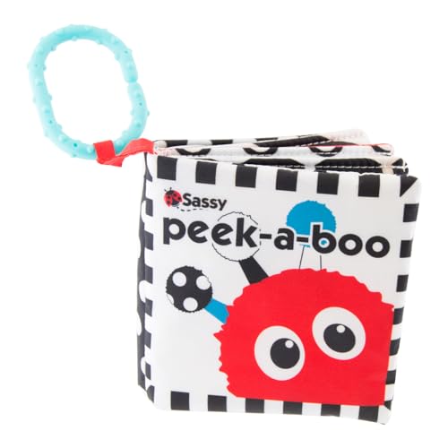 Sassy Peek-a-Boo Activity Book with Attachable Link for On-The-Go Travel, Sensory Play, Black & White, Ages 0+ Months