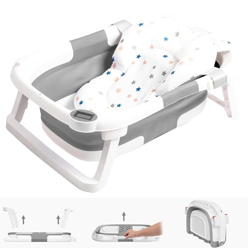 napei Collapsible Baby Bathtub,Baby Bath Tub with Soft Cushion & Thermometer,Baby Bathtub Newborn to Toddler 0-36 Months,Portable Travel Baby Tub (Gray)