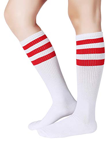 Pareberry Classical Triple Stripes Soft Cotton Over-the-Calf Retro Tube Socks (A-Pair(Red/White))