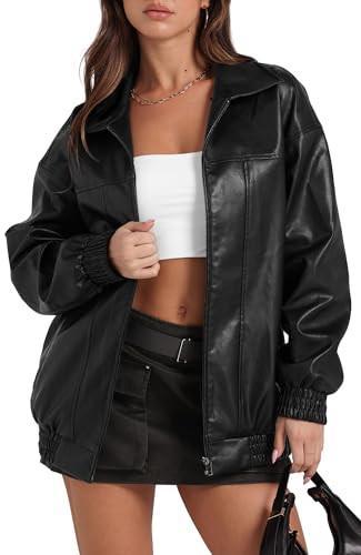 SAMPEEL Black Faux Leather Jacket Women Baggy Oversized Motorcycle Bomber Coats 2024 Fall Going Out Outfits Winter Clothes M