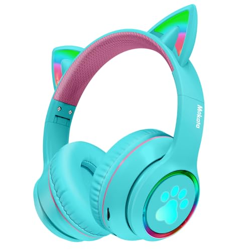 Mokata Headphones Cat Ear Wireless Bluetooth 5.3 60H Over Ear, 8H with Led Light Foldable Music Gaming Headset with Aux 3.5mm Mic for Game TV Pad Tablet Laptop Cellphone Cyan