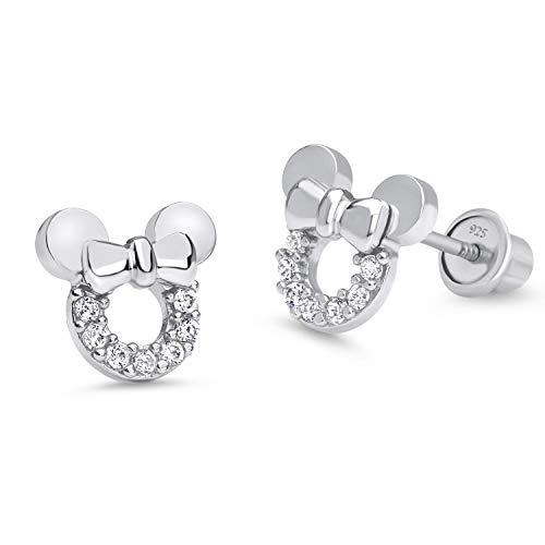 925 Sterling Silver Rhodium Plated Mouse Cubic Zirconia Screwback Baby Girls Earrings